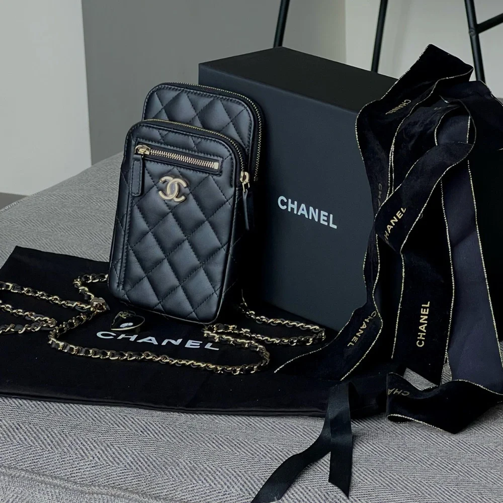 Chanel Black Quilted Phone Holder with Gold Chain - Picture 1 of 10